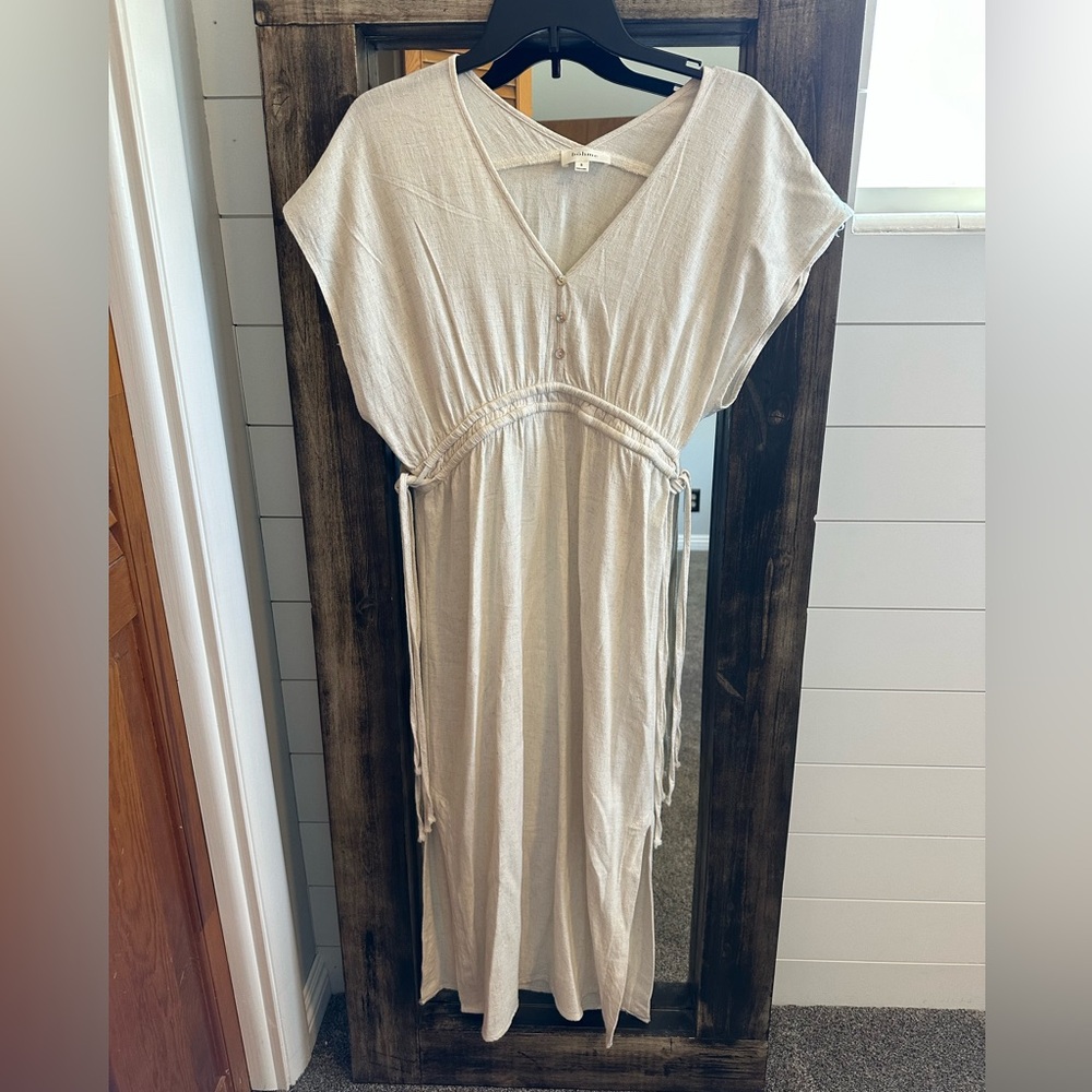 Bohme 100% Linen Boho Midi Dress Neutral Cottagecore Summer Size S - Picture 2 of 5